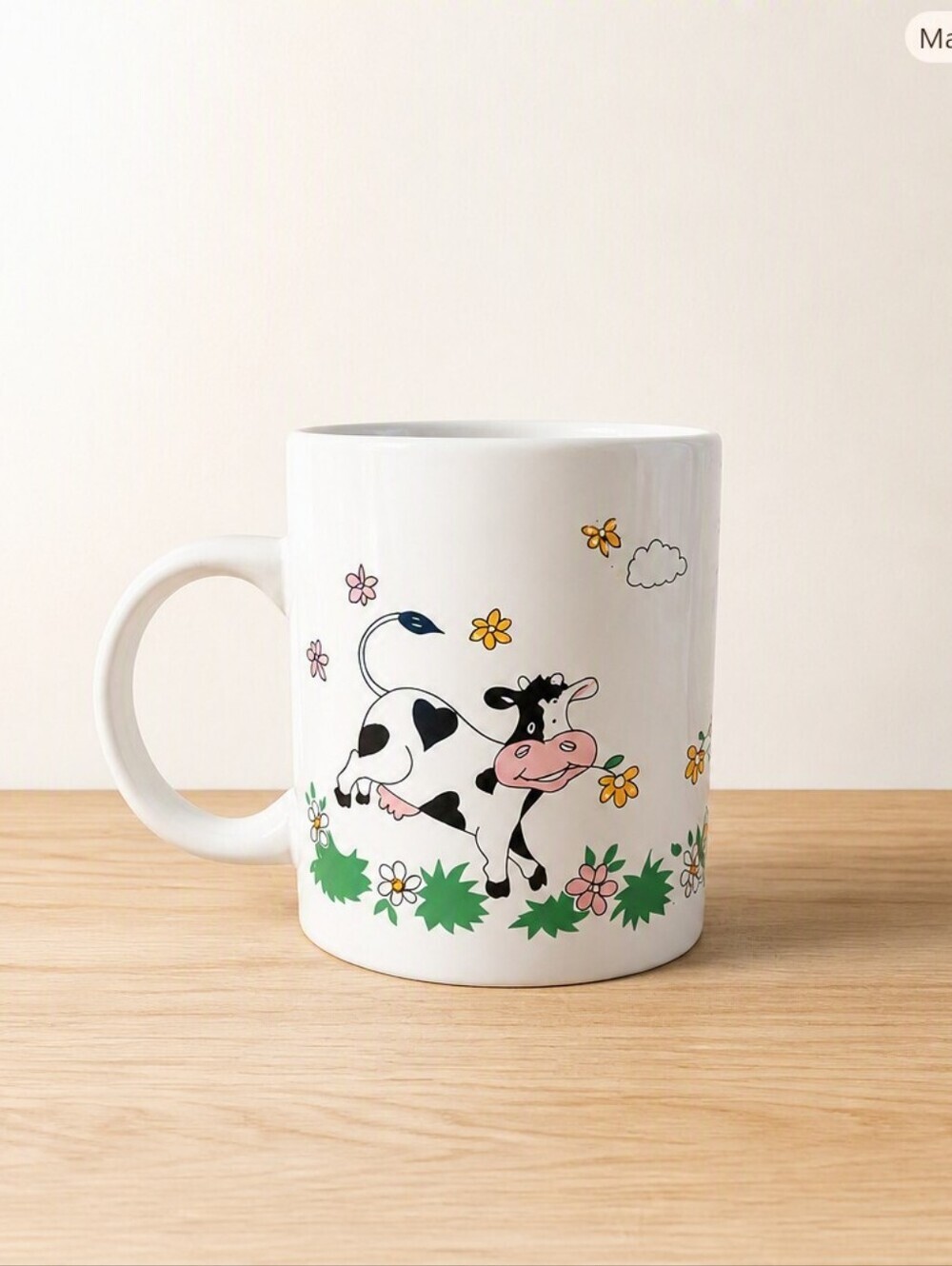Cute Cow Ceramic Coffee Mug - White with Pink & Green Accents